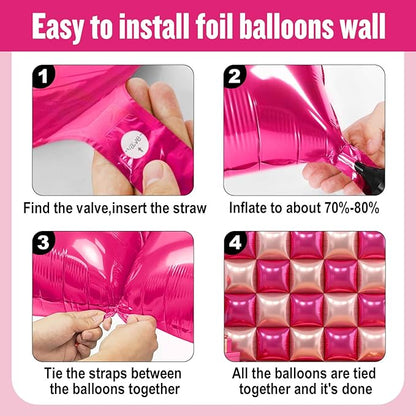 36Pcs Hot Pink and Rose Gold Square Foil Balloons Wall Backdrop, Double Sided Metallic Foil Balloons Tunnel Arch Garland Kit for Photo Booth Birthday Wedding Halloween Christmas Party Decorations