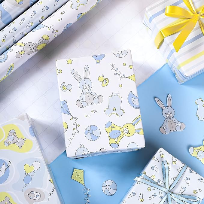 WRAPAHOLIC Baby Boy Wrapping Paper Sheet - 12 Sheets Cute Bear and Small Pin Design Folded Flat for Baby Showers, Celebration, Party - 19.7 Inch x 30 Inch Per Sheet