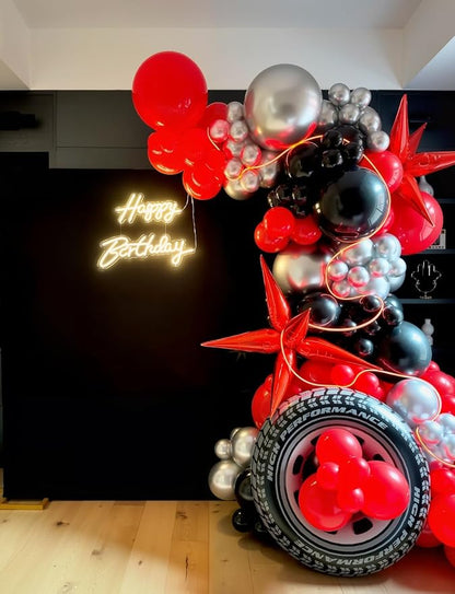 Red and Black Balloon Arch Garland Kit - 131Pcs Red Black and Silver Balloons Glitter Confetti Balloon, Explosion Star Balloons for New Year Birthday Racing Car Poker Party Decorations