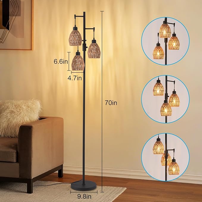 Boho Rattan Floor Lamp-Standing Lamps for Living Room 70'' Dimmable Floor Lamp with Cage Shade, Industrial Farmhouse Floor Lamps Rustic Floor Lamps Vintage Lamp for Living Room Bedroom Office