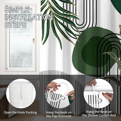 Mid Century Green Shower Curtain for Bathroom Boho Modern Abstract Plant Tropical Leaves Bathroom Curtain Set Geometric Arch Minimalist Waterproof Fabric Bath Decor 48x72 inch