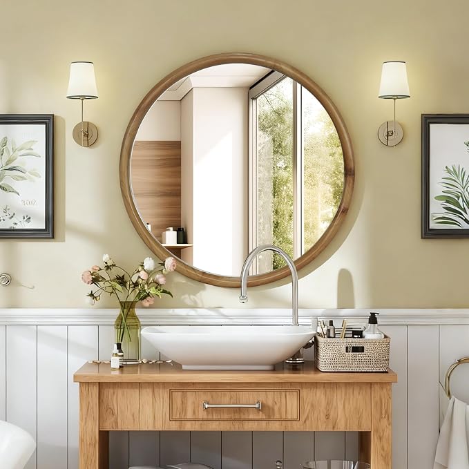 Round Wood Framed Wall Mirror Natural Wooden Circle Mirror for Bathroom Chamber Entryway Mid-Century Modern Decorative Mirror Practical