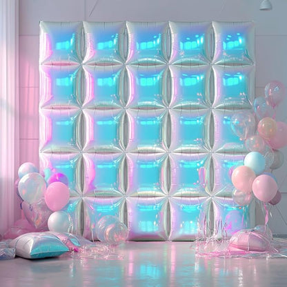 NISOCY 36PCS Iridescent Square Foil Balloons Wall Backdrop Holographic Balloons Tunnel Garland Arch Kit for Birthday Wedding Graduation Bridal Baby Shower New Year Rainbow Party Decorations