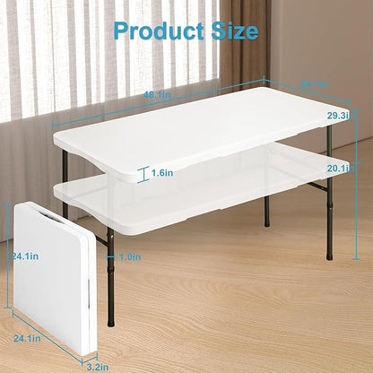 Bblife 4ft Portable Folding White Event Table, Plastic Pinic Camping Table wiht 2 Adjustable Heights, Indoor Outdoor Heavy Duty Utility Table with Carry Handle, White