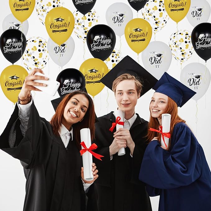 60 Pcs Black and Gold Graduation Balloons Class of 2026 Graduation Decorations - 12 Inch White Gold Confetti Latex Balloon Congrats Grad Balloons with Ribbons for Grad Decorations Supplies