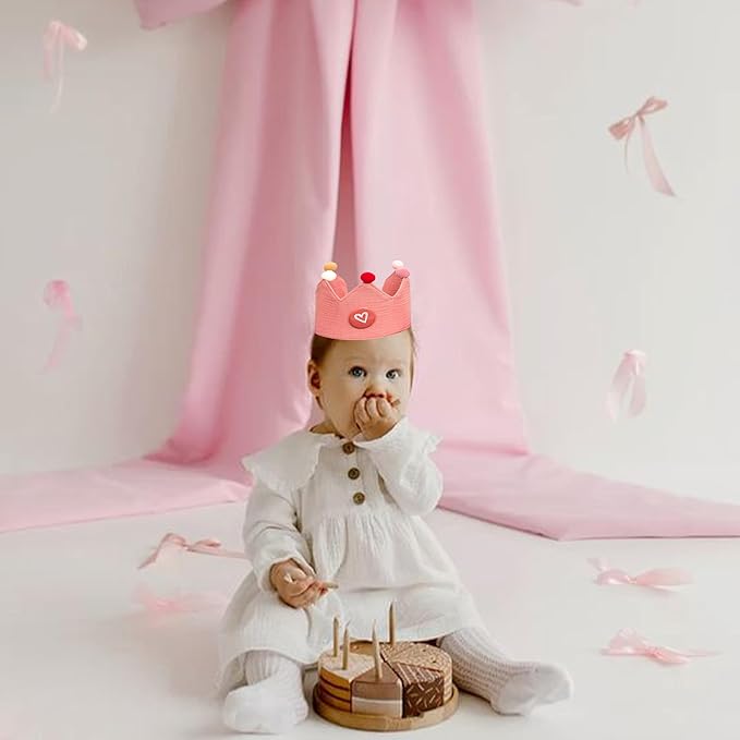 Cute Pink Girls Crown Hat with 1-10 Number Badges - Soft Fabric Tiara for Birthday Party Hat Dress Up, Princess Photo Prop