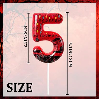 Red Number 5 Birthday Candle for Cake – Dark Horror Style with Alphabet Print & Shadow Design – Unique Cake Topper for Birthday, Anniversary, Themed Party Decoration