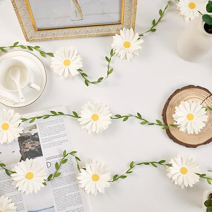 3D Daisy Flower Garland (2PCS) Flower Banner Wildflower Party Decorations Leaves Banner Paper Flower Spring Wedding Backdrop Decor
