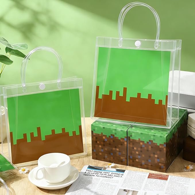 24Pcs Pixel Clear PVC Gift Bags with Handles Video Game Party Favor Bags Pixel Reusable Gift Wrap Tote Bag Gamer Goodie Treat Bag for Pixelated Birthday Baby Shower Party Supplies 8x8x3 Inch