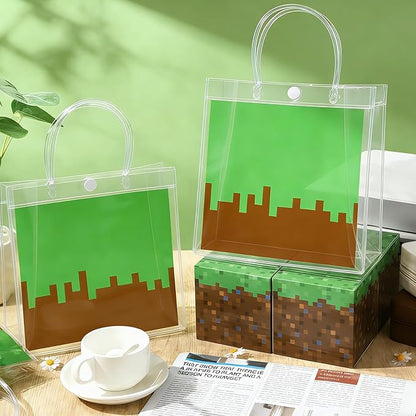 24Pcs Pixel Clear PVC Gift Bags with Handles Video Game Party Favor Bags Pixel Reusable Gift Wrap Tote Bag Gamer Goodie Treat Bag for Pixelated Birthday Baby Shower Party Supplies 8x8x3 Inch