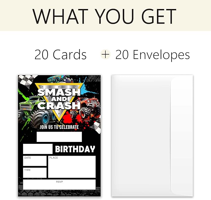 Truck Birthday Party Invitations–Smash&Crash–20 invitation Cards 4"x6" with Envelopes for Fun-Filled Birthday Celebrations.(012)