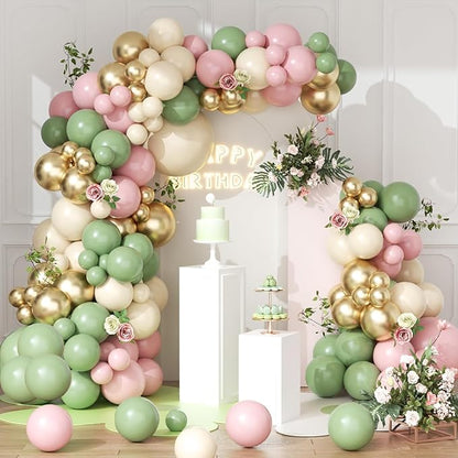 160pcs Baby in Bloom Balloon Arch Kit, Sage Green and Pink White Sand Metallic Gold Balloons for Baby in Bloom Spring Baby Shower Mother's Day Boho Birthday Party Decoration