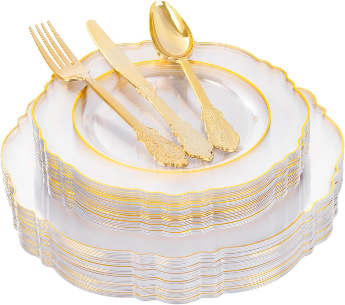 YOUBET 125PCS Thanksgiving Plastic Plates - Clear Gold Disposable Plates - 25 Guests Baroque Plastic Dinnerware Includes 25Dinner Plates, 25Dessert Plate, 75Silverware for Thanksgiving Party & Wedding
