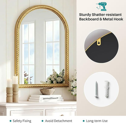 Gold Arched Wall Decor Mirror - 24"X36" Large Vintage Rope-Like Metal Framed Decorative Mounted Mirror for Wall Decor, Vanity Mirrors for Bathroom, Living Room, Bedroom, Fireplace