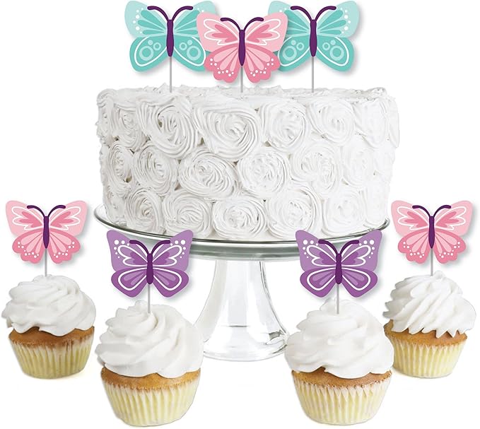 Big Dot of Happiness Beautiful Butterfly - Dessert Cupcake Toppers - Floral Baby Shower or Birthday Clear Treat Picks - Set of 24