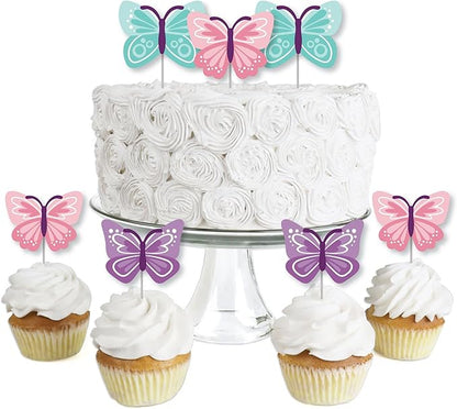 Big Dot of Happiness Beautiful Butterfly - Dessert Cupcake Toppers - Floral Baby Shower or Birthday Clear Treat Picks - Set of 24