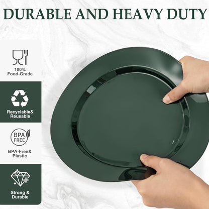 FLOWERCAT 200PCS Dark Green Plastic Plates Disposable Plates for Party - Heavy Duty Plastic Plates - 10" &7" Plate for 100 Guests New Year Parties and Events