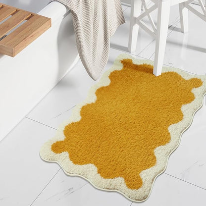 Uphome Bath Mats for Bathroom, Soft Shaggy Microfiber Absorbent Bathroom Rug Non Slip, 18x26 Cute Scalloped Machine Washable Bathroom Mat for Shower, Floor, Tub, Sink, Yellow