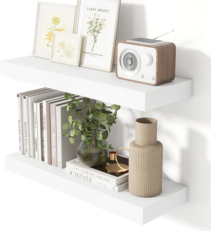 Heimlove 24 Inch Floating Shelves for Wall White Shelves Set of 2,Wall Mounted Rustic Wood 8 Inch Deep Floating Shelf with Invisible Brackets for Bedroom Kitchen Living Room