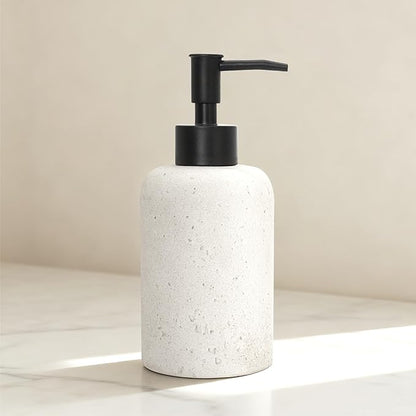 13.5 oz Bathroom & Kitchen Countertop Soap Dispenser, Travertine-Look Durable Resin Bottle with ABS Pump (White)