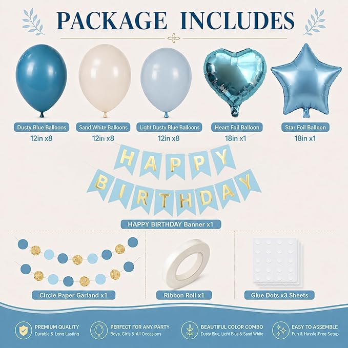 Blue Birthday Party Decorations for Boys Men Dusty Blue Sand White Balloon Set with Star Heart Foil Balloons Happy Birthday Bunting Banner Garland Navy Light Cream Beige Party Decor Kit Baby Girls