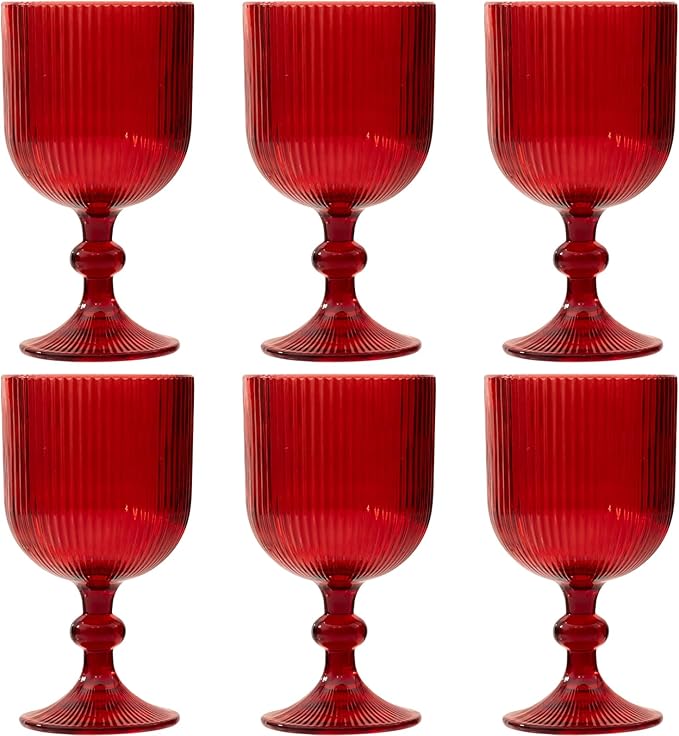 Red Vintage Wine Glasses Set of 6, 11 Ounces Colored Glass Water Goblets, Unique Embossed Pattern High Clear Stemmed Glassware Wedding Party Bar Glass Drinking Cups Fancy Glasses Hand Wash Only