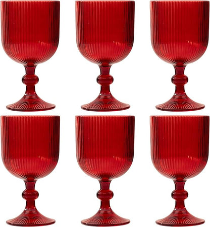 Red Vintage Wine Glasses Set of 6, 11 Ounces Colored Glass Water Goblets, Unique Embossed Pattern High Clear Stemmed Glassware Wedding Party Bar Glass Drinking Cups Fancy Glasses Hand Wash Only