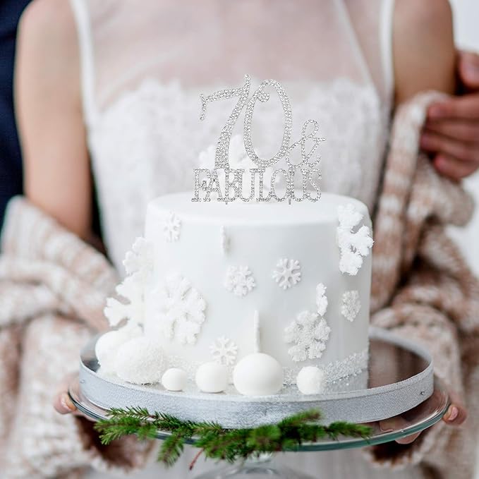 70 & Fabulous Cake Topper 70 Years Birthday Or 70th Wedding Anniversary Silver Crystal Rhinestone Party Decoration