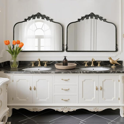 WallBeyond Black Antique Mirror for Vanity 32x24 Inch, Black Vintage Mirror with Ornate Frame, Arched Vintage Wall for Bathroom, Living Room, Fireplace