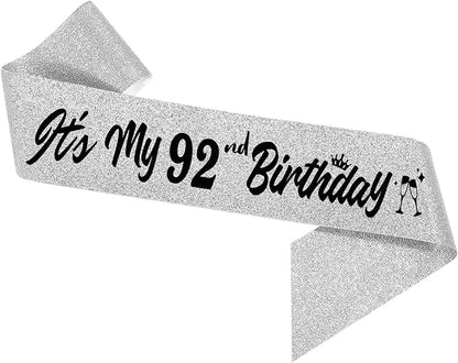It's My 92nd Birthday Sliver Sash - Sparkling Happy 92nd Birthday Satin Sash for Women - 92 Years Old Party Decorations