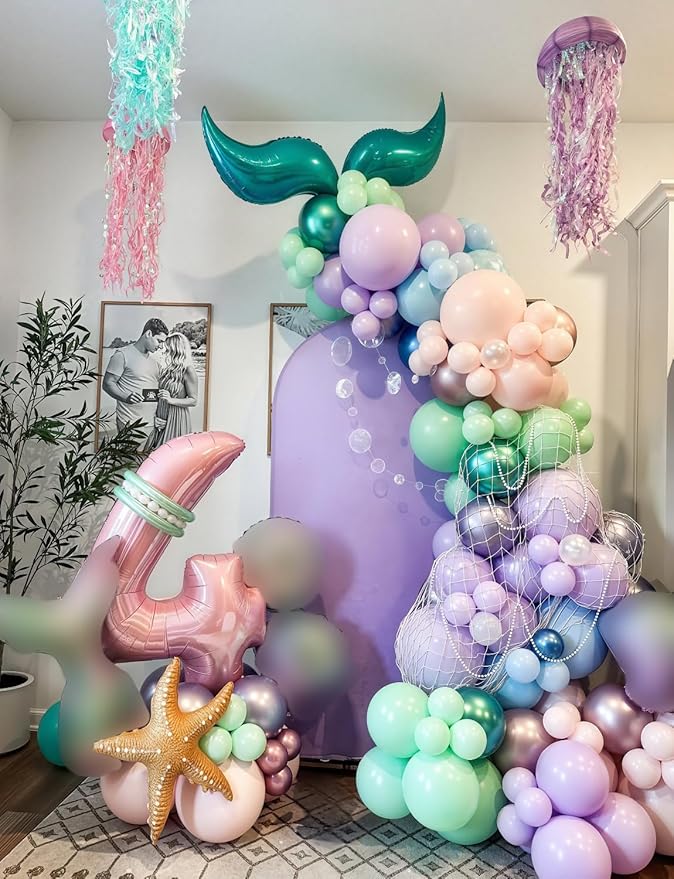 Mermaid Balloons - 12Inch Purple Pink Green Blue Balloons Glitter Metallic Purple Green Balloon Light Teal Latex Balloon for Mermaid Birthday Baby Shower Under The Sea Party Decorations (50Pcs)