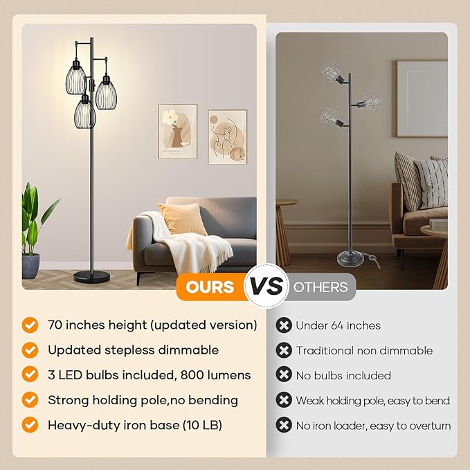 Dimmable Floor Lamp,3x800LM LED Bulbs Included, Farmhouse Industrial Floor Lamp Standing Tree Lamp with Teardrop Cage Head Tall Lamp for Living Room Bedroom Office Dining Room - Black & Marble Base