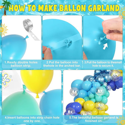 Amandir 165Pcs Cartoon Blue and Yellow Balloons Arch Garland Kit, Teal Metallic Blue Yellow Flower Printed Clear Pineapple Balloons for Cartoon Birthday Shower Ocean Sea Party Backdrop Decorations