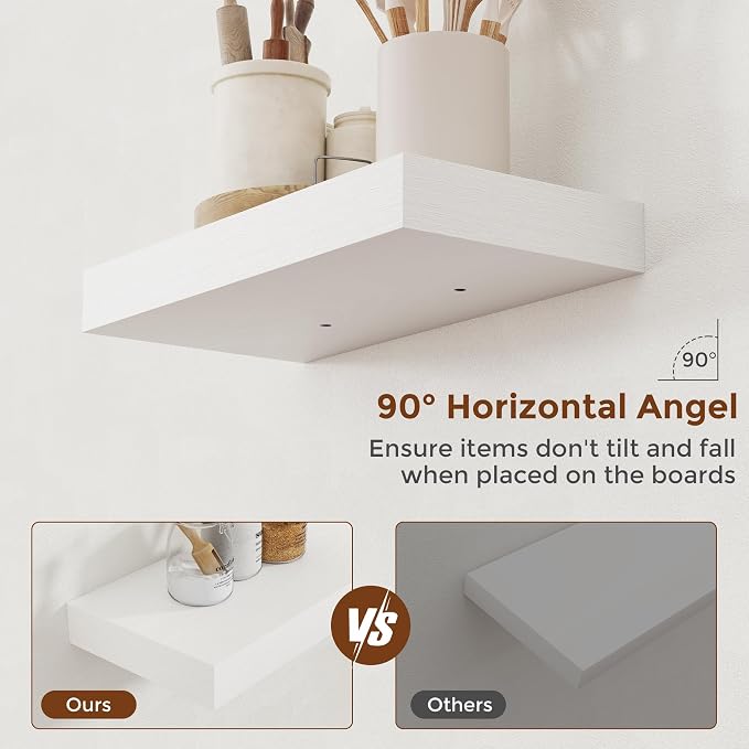 Heimlove 16 Inch Floating Shelves for Wall White Shelves Set of 2,Wall Mounted Rustic Wood 8 Inch Deep Floating Shelf with Invisible Brackets for Bedroom Kitchen Living Room