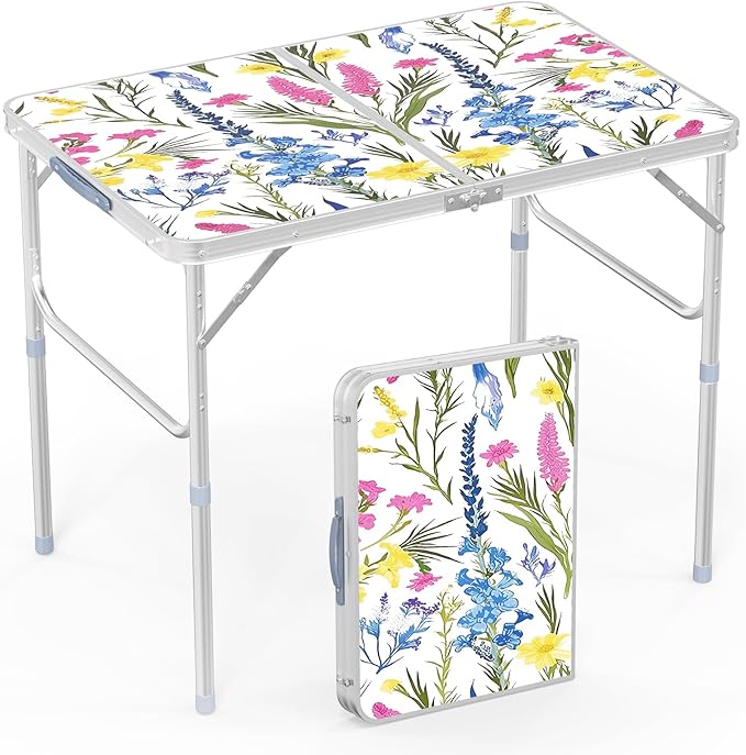 VINGLI 3FT Small Folding Camping Table Adjustable Height Aluminum Folding Table for Picnic Party BBQ, Plastic RV Suitcase Table Portable Lightweight Fold Up Utility Outdoor Tables