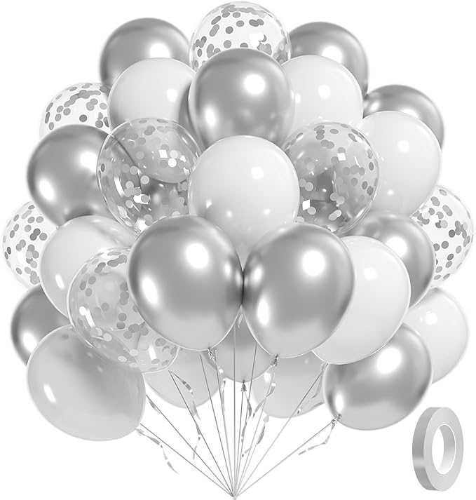 60pcs White and Silver Balloons 12inch, Silver and White Balloons with Metallic Silver Confetti Balloons for Birthday Baby Shower Wedding Anniversary New Years Party Decorations