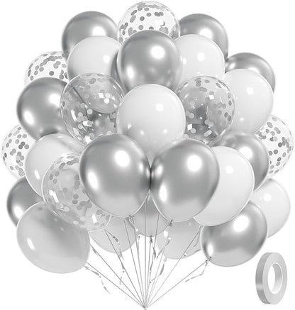 60pcs White and Silver Balloons 12inch, Silver and White Balloons with Metallic Silver Confetti Balloons for Birthday Baby Shower Wedding Anniversary New Years Party Decorations