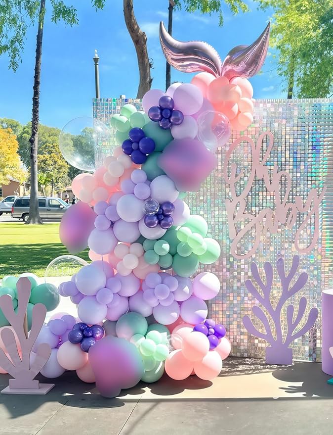Mermaid Balloons - 12Inch Purple Pink Green Blue Balloons Glitter Metallic Purple Green Balloon Light Teal Latex Balloon for Mermaid Birthday Baby Shower Under The Sea Party Decorations (50Pcs)