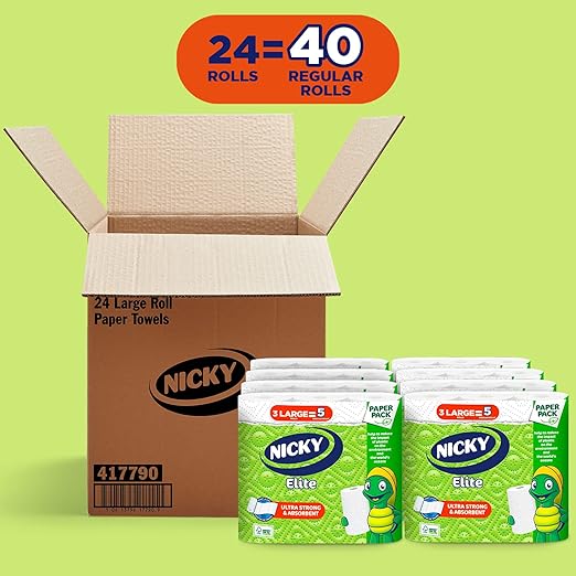 Nicky Elite Adapt-A-Size Paper Towels 24 Large Rolls= 40 Regular Rolls Plastic Free Packaging Paper Wrap Ultra Strong and Absorbent