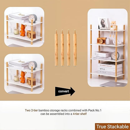 2-Tier Expandable Bamboo Desktop Organizer Shelf Kitchen Cabinet and Counter Riser Display Shelf for Top of Desk Home Office Bathroom Coffee Table Display Stand,Natural (3-Tier White, 6.7" H)