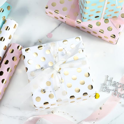 WRAPAHOLIC Birthday Wrapping Paper Roll - Mini Roll - 3 Rolls - 17 inch x 120 inch Per roll - Gold Foil Pink White Mint Polka Dots Design for Party, Holiday, Baby Shower