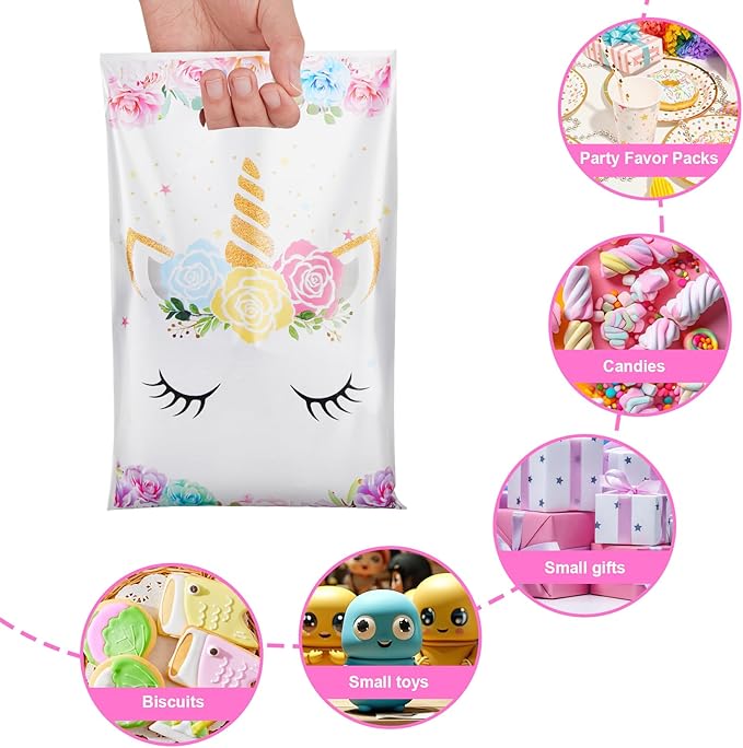 PintreeLand 30PCS Unicorn Party Favor Bags, Plastic Small Goodie Gift Candy Bags with Handle for Birthday Pink Theme Party