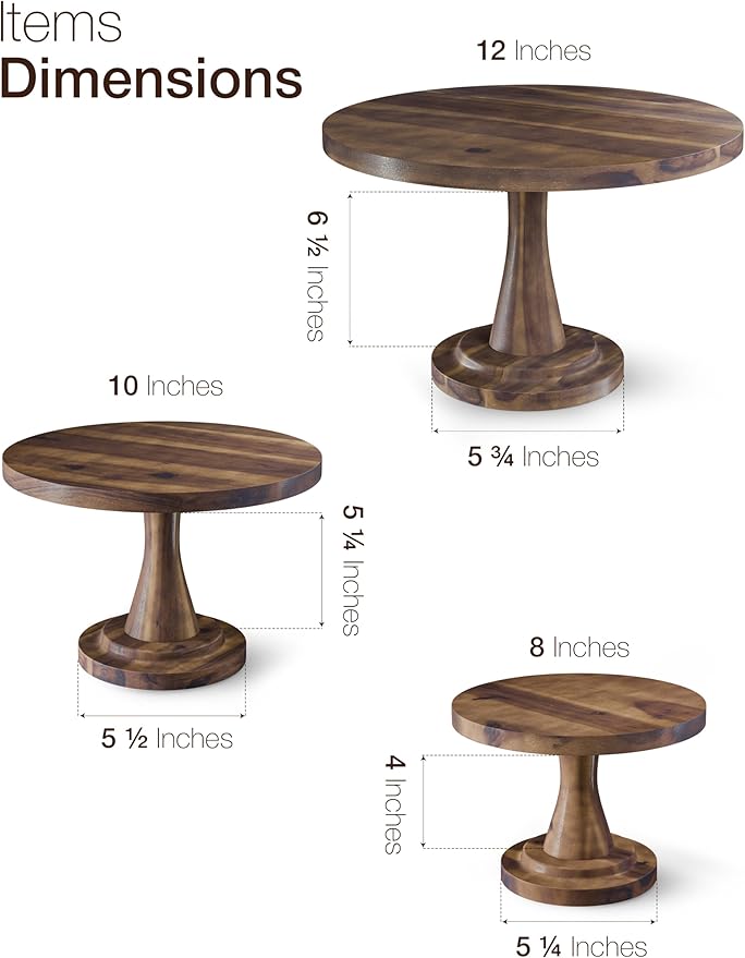Tidita Set of 3 Acacia Wooden Cake Stand - 3PCS Wedding Cake Stand (8"/10"/12" Plate), Outdoor Wood Pedestal Stand for Parties, Restaurants, Birthday - Decorating Cake, Dessert Display (Walnut color)