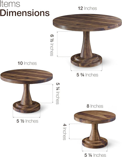 Tidita Set of 3 Acacia Wooden Cake Stand - 3PCS Wedding Cake Stand (8"/10"/12" Plate), Outdoor Wood Pedestal Stand for Parties, Restaurants, Birthday - Decorating Cake, Dessert Display (Walnut color)