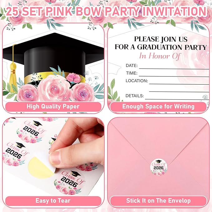 Marspark 25 Pcs Graduation Party Invitations Set Pink Floral Grad Cap Invitation Cards with Envelopes & Stickers Class of 2026 Graduation Party Supplies for Senior Graduate Celebration 5 x 6 Inch