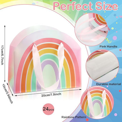 AmazingSpark 24 Pcs Rainbow Party Favor Bags 7.9 x 6.7 x 3.9 Inch Rainbow Gift Goodie Bags with Handles Colorful Treat Candy Gift Wrap for Birthday Baby Shower Wedding Party Favors Supplies