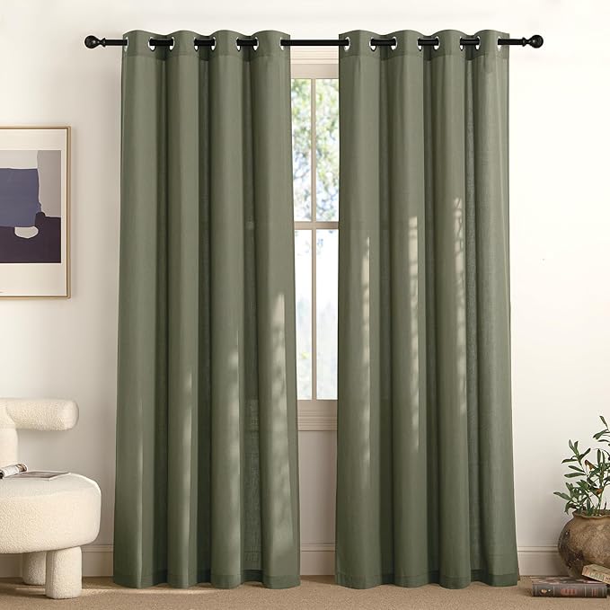 NICETOWN Linen Curtains 84 inch Long, Grommet Thick Linen Blend Window Treatment Vintage & Rustic Style Privacy Added for Bedroom/Living Room, Lichen, W55 x L84, 2 Panels
