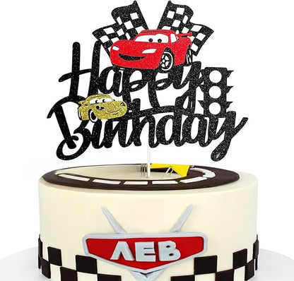 MEMOVAN Car Birthday Cake Topper Race Car Cake Decoration for Boy Girl Man Racing Car Checkered Flag Themed Birthday Party Supplies Double Sided