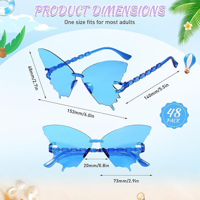 SUNOVELTIES 24/48 Pack Colored Party Glasses Bulk Butterfly Rimless Sunglasses Irregular Transparent Fun Glasses for Adult