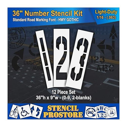 Pavement Stencils - 36 inch Number KIT Stencil Set - (12 Piece) - 36" x 9" x 1/16" (63 mil) - Light-Duty